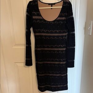 BCBGMaxAzria Black and Tan Lace Long Sleeve Dress